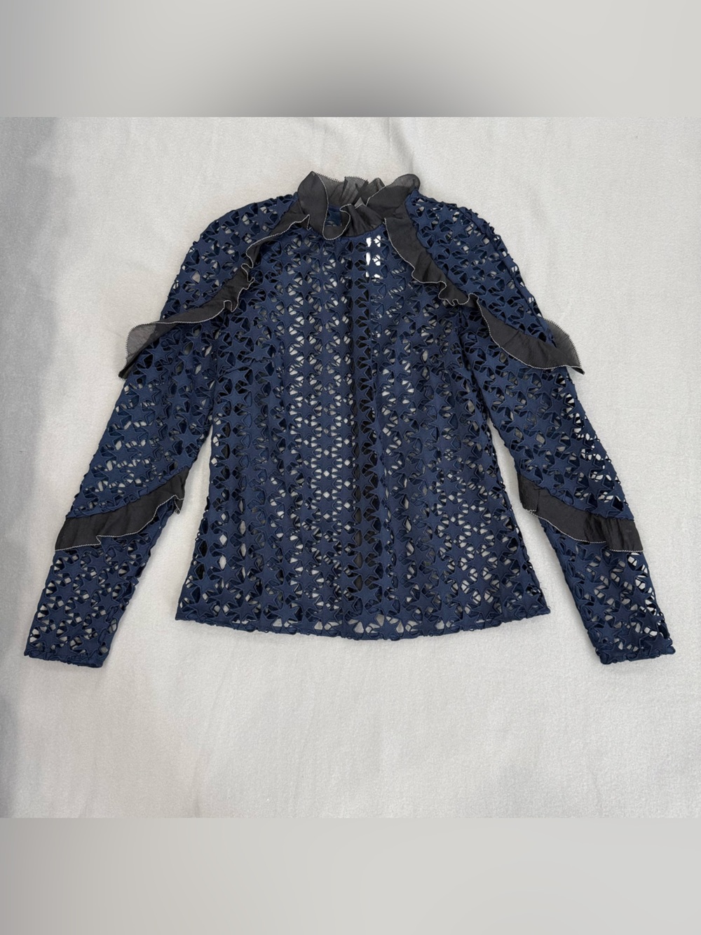 SELF PORTRAIT Star Crochet Lace Top Womens Sz 6 Navy Black Ruffle Trim High Neck